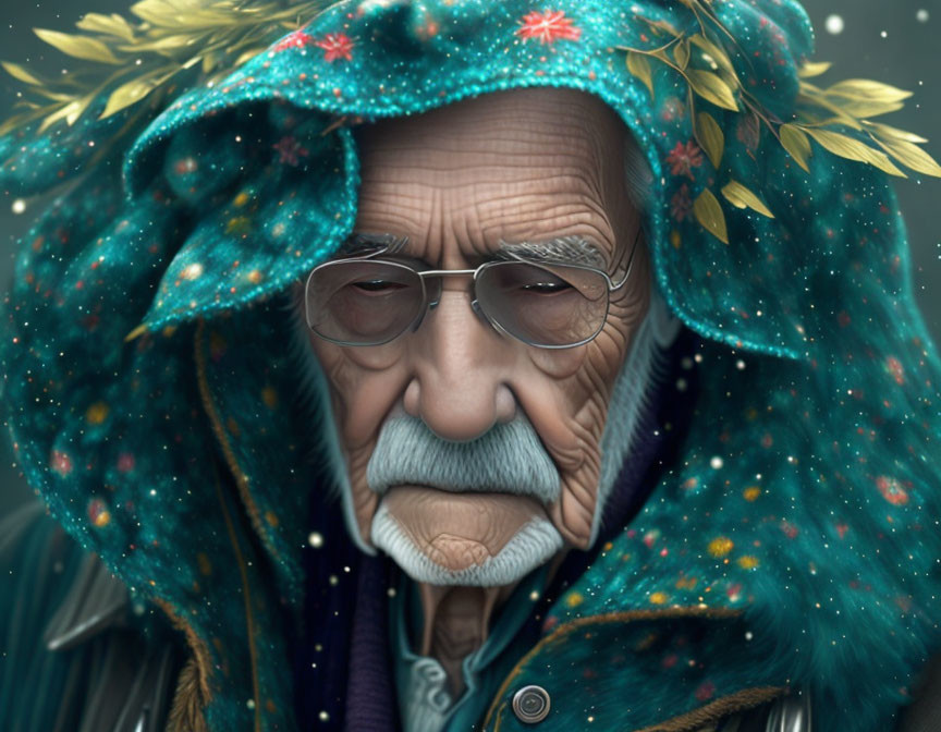 Elder in Star-Patterned Cloak in Snowfall