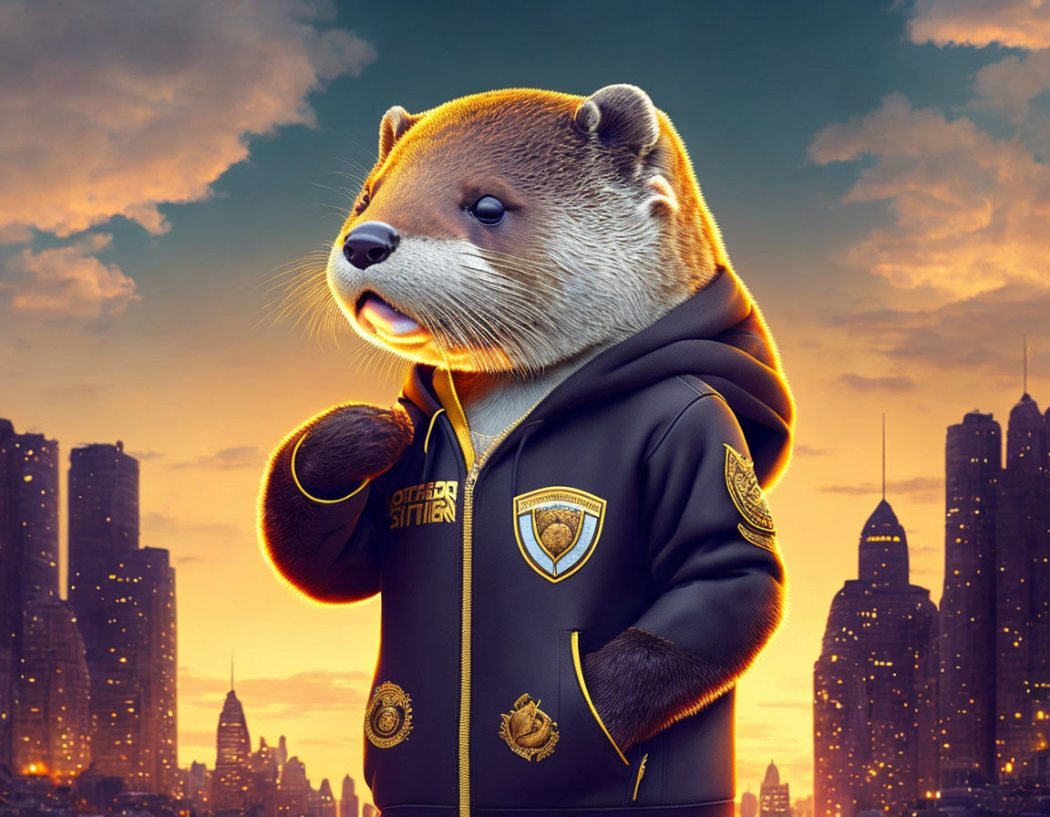 Anthropomorphic otter in black and gold suit against city skyline at sunset