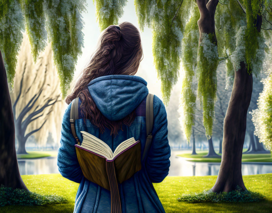 Woman with backpack reading book in serene park with weeping willows and pond