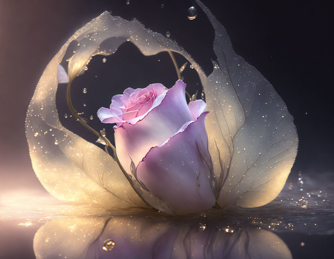 Pink rose with translucent petals on dark backdrop and water droplets.