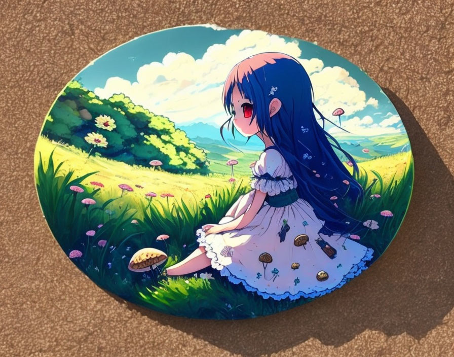 Illustration of girl in white dress in green field with flowers