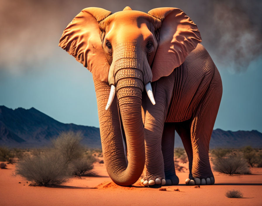 Elephant in desert with mountains and dust under warm light