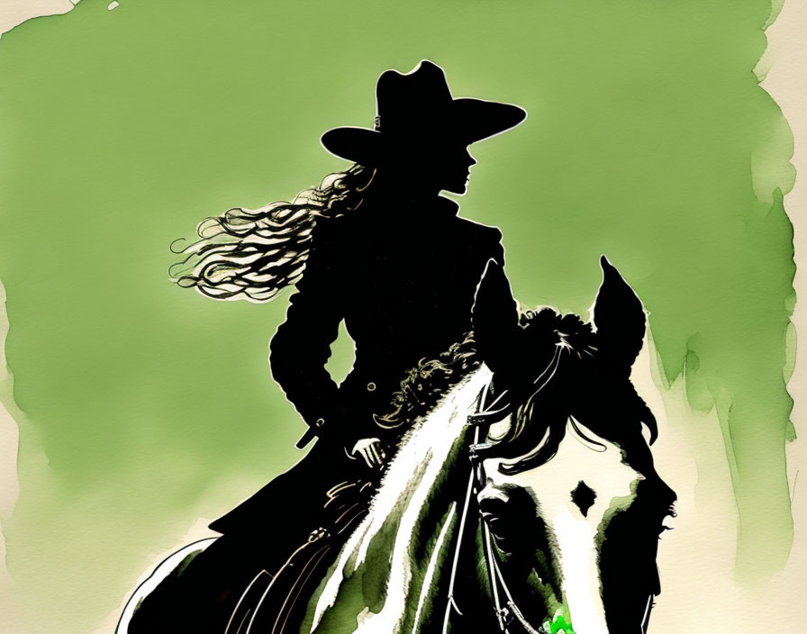 Cowboy silhouette on horseback with flowing hair and large hat on green backdrop