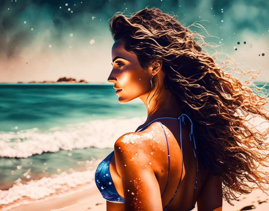 Woman in Blue Swimsuit by the Sea with Curly Hair and Sunlit Skin