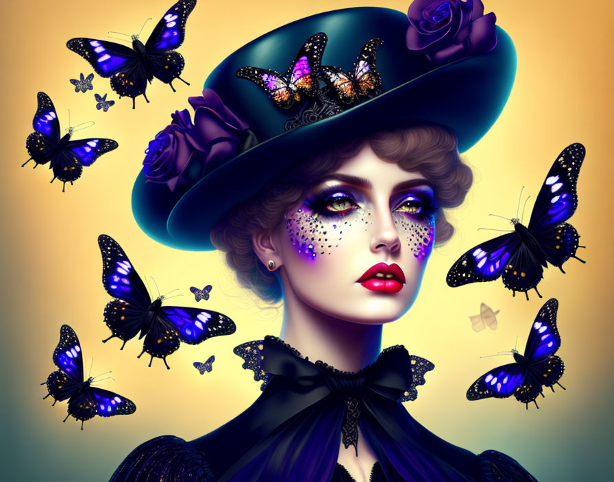 Victorian style hat adorned with roses and butterflies illustration on yellow background