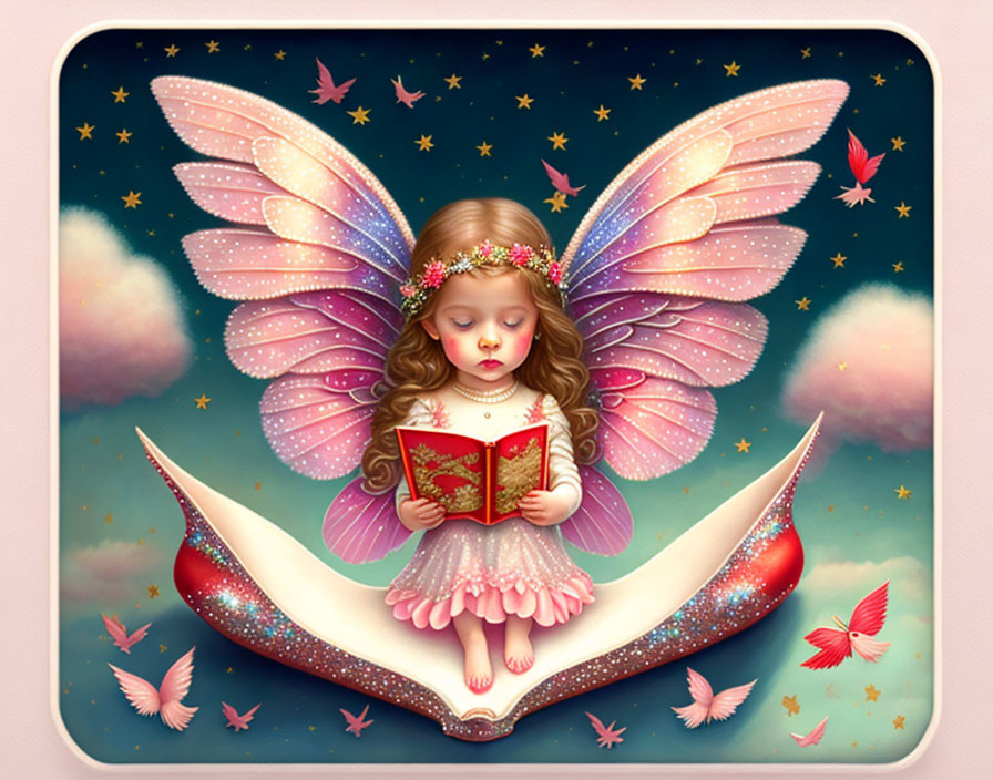 Colorful Illustration of Young Girl with Butterfly Wings Reading Book