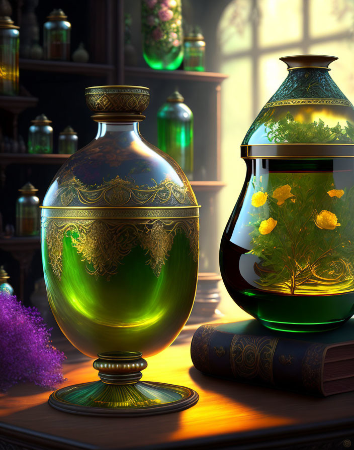 Intricate gold designs on glass jars with yellow flowers, books, and a purple plant on a