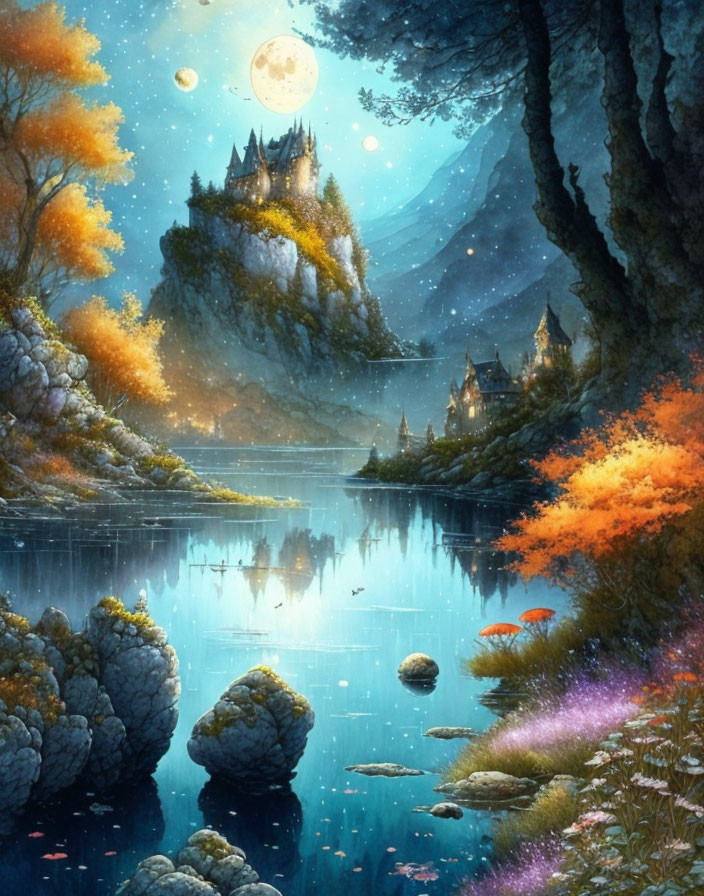 Twilight landscape with glowing castle, autumn trees, tranquil lake