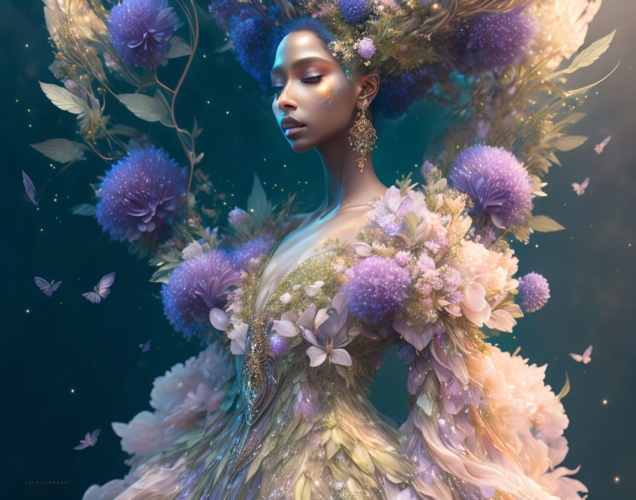 Woman in Floral Gown and Butterfly Headdress in Ethereal Setting