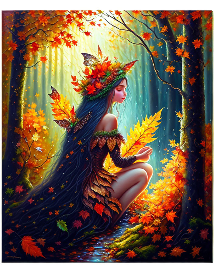 Fantasy illustration: Woman in leaf dress in enchanted forest