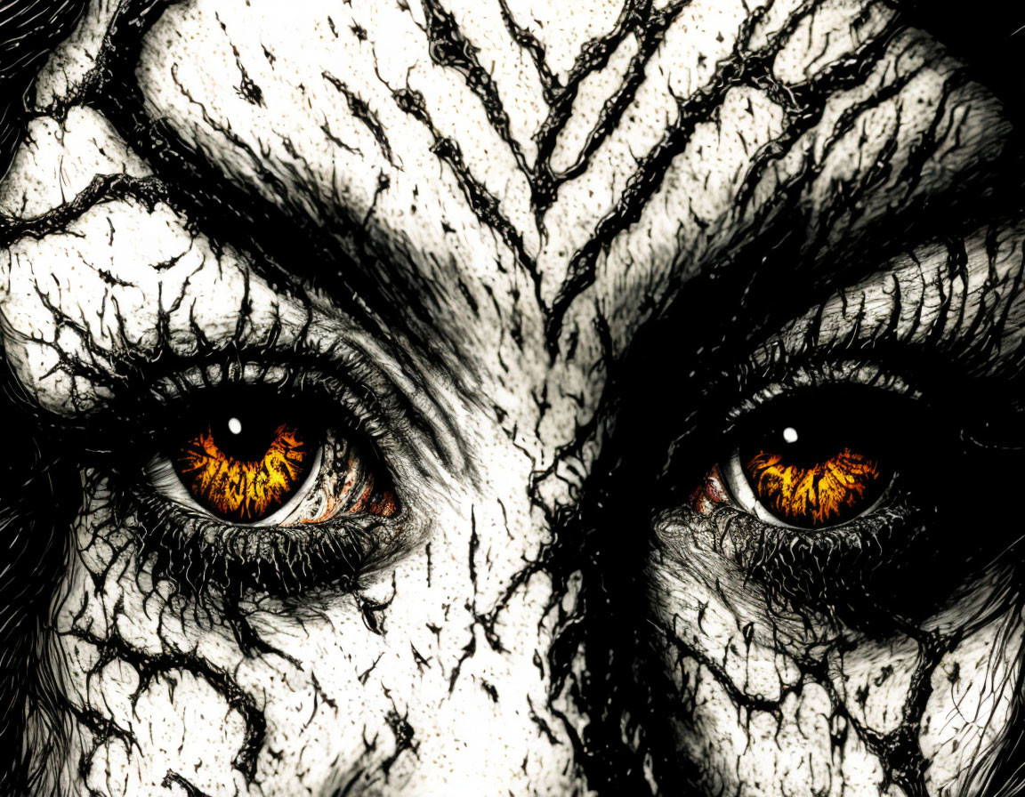 Person with cracked black and white makeup and striking orange irises.