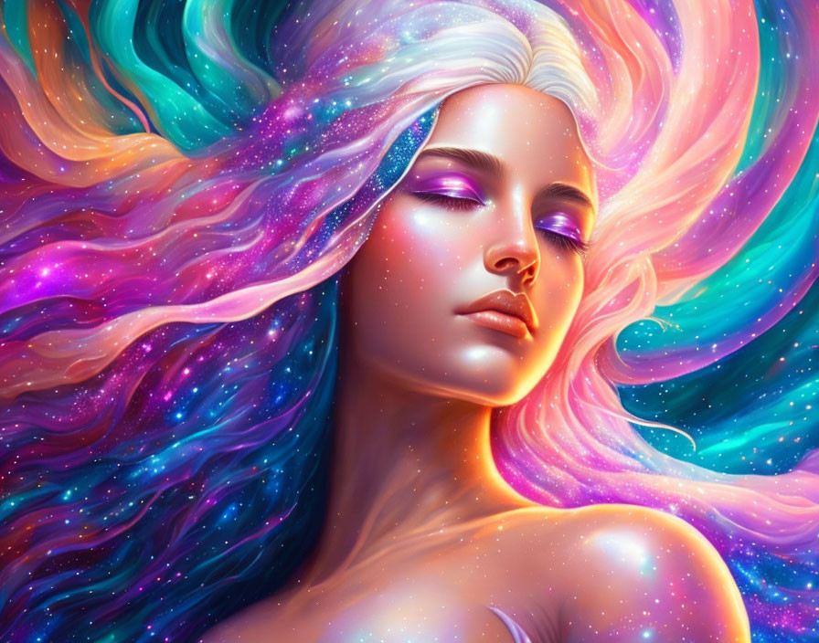 Colorful Cosmic-Haired Woman in Dreamy Starry Setting