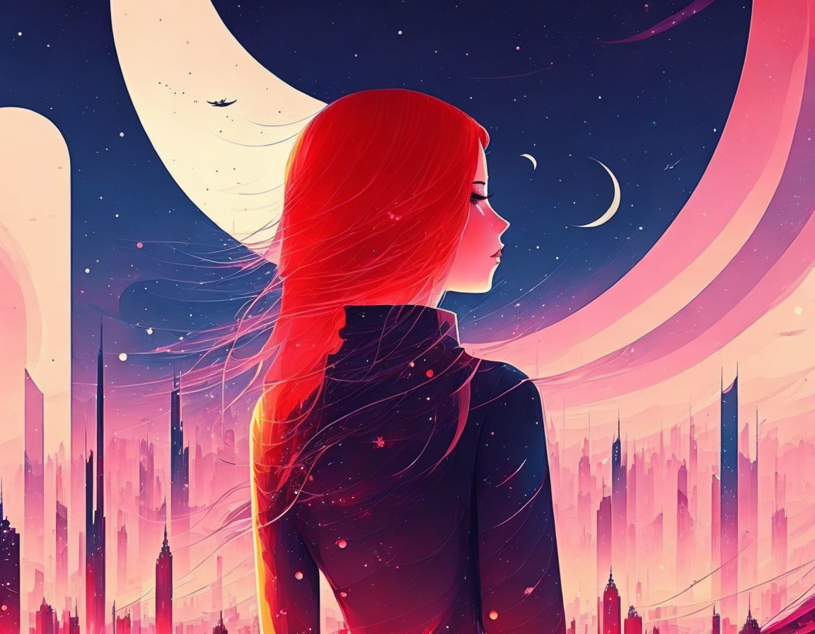 Red-haired woman gazes at cityscape under crescent moon in planetary ring