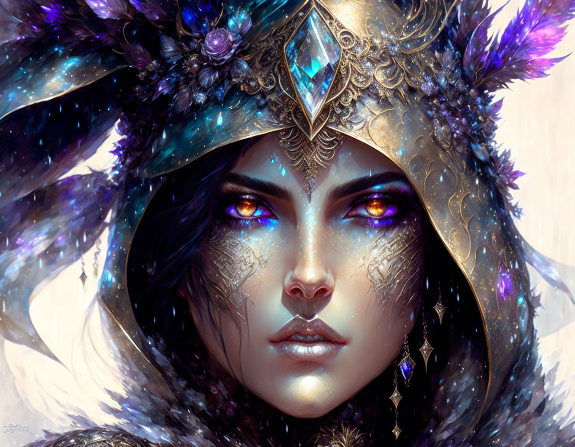 Fantasy portrait of woman with striking eyes and regal headdress.