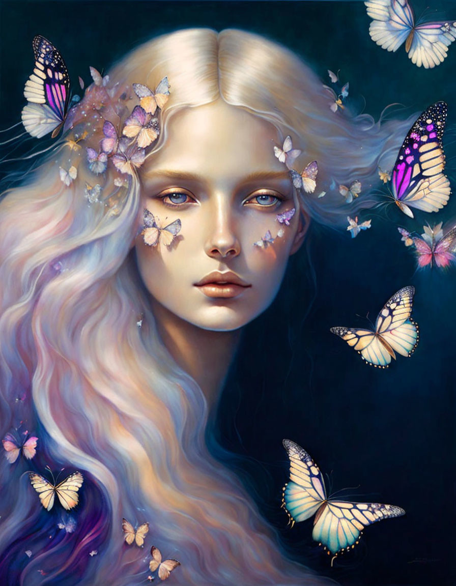 Colorful portrait of a woman with pastel hair and butterflies in a surreal setting