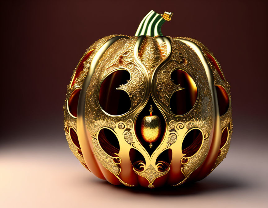 Intricate golden pumpkin with filigree patterns on warm brown background