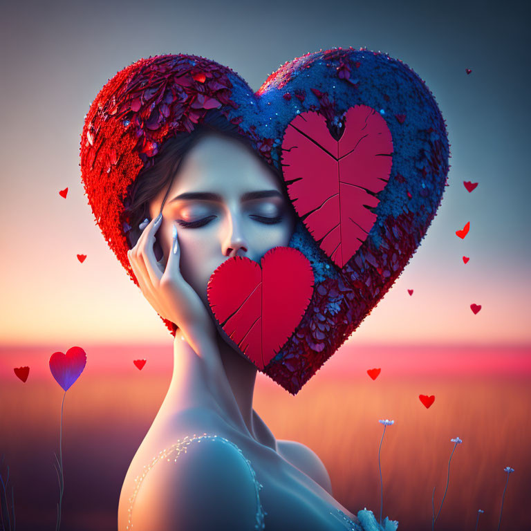 Woman holding textured heart against sunset backdrop with floating hearts