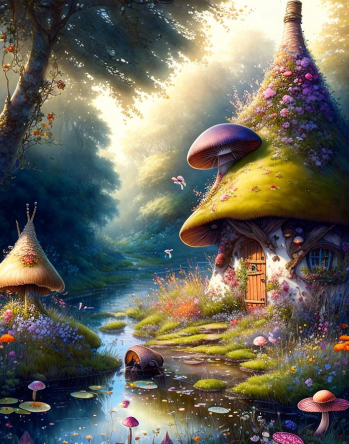 Enchanting forest with mushroom houses and vibrant flowers