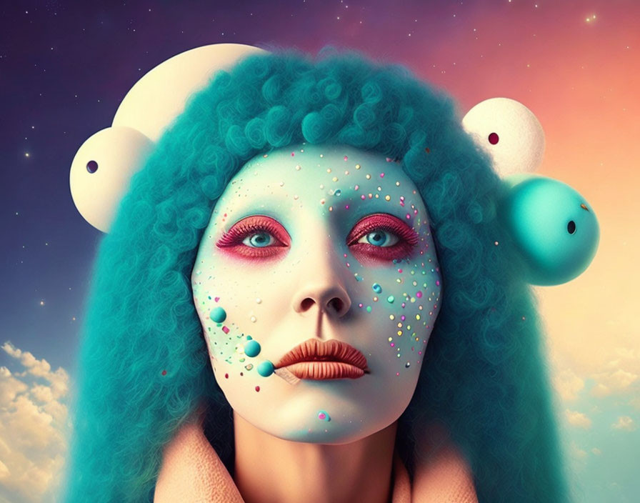 Colorful surreal portrait: Woman with teal curly hair and whimsical earrings against dreamy sky