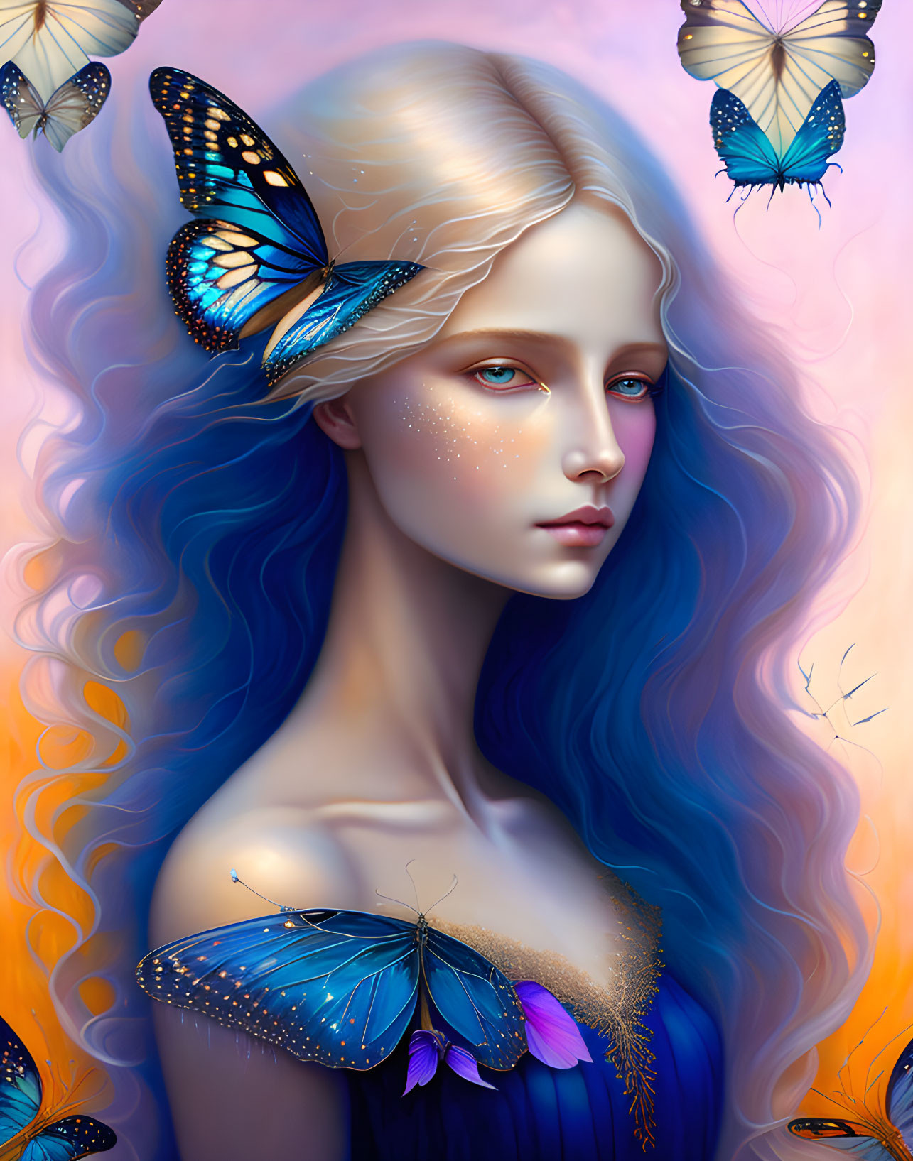 Colorful digital artwork: Woman with blue hair and butterflies on blue-orange background