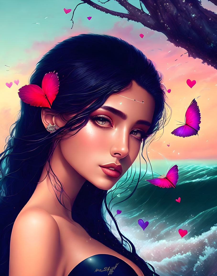 Dark-Haired Woman Surrounded by Hearts, Butterflies, and Ocean