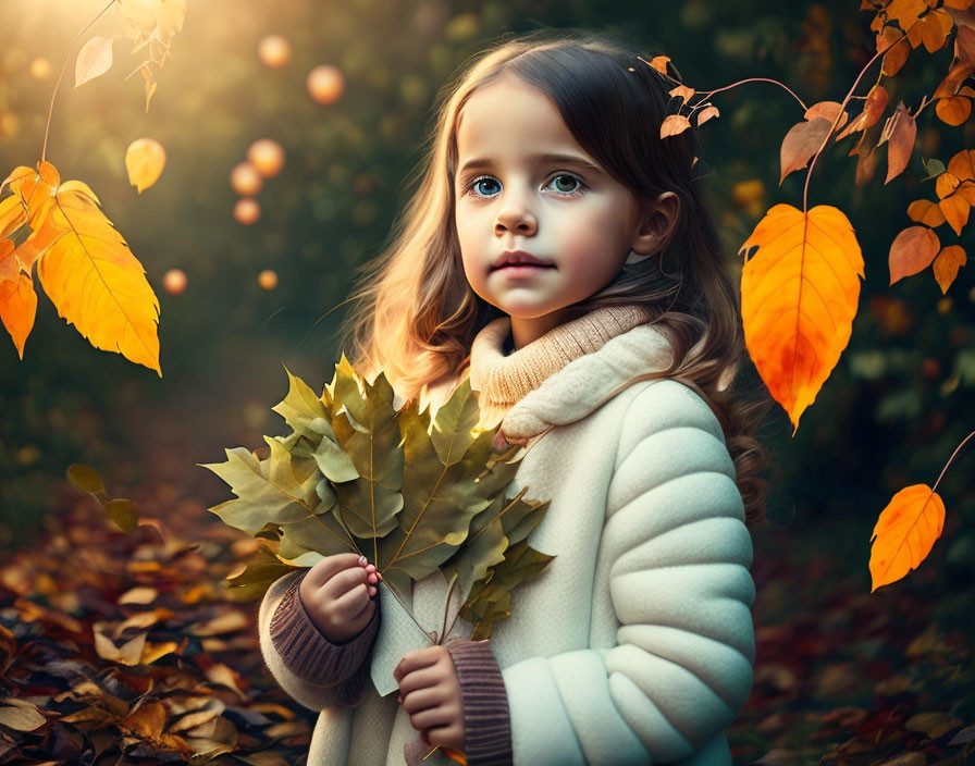 Young girl in coat holding yellow leaves in autumnal setting