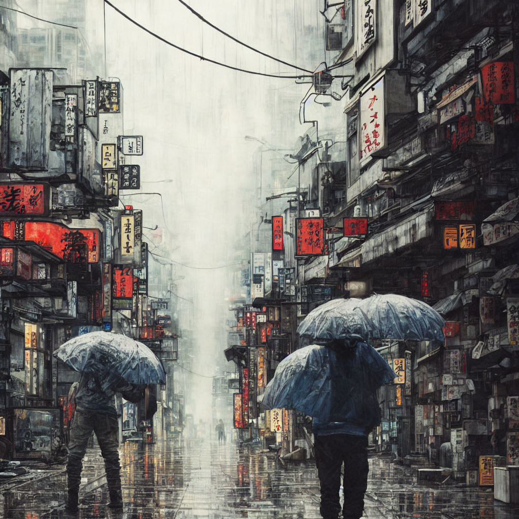 Rain-soaked street with neon signs and individuals holding umbrellas