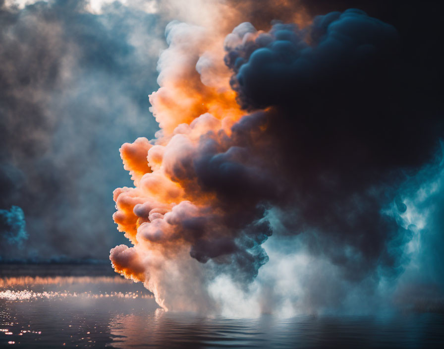 Colorful orange and blue smoke over reflective water and hazy background