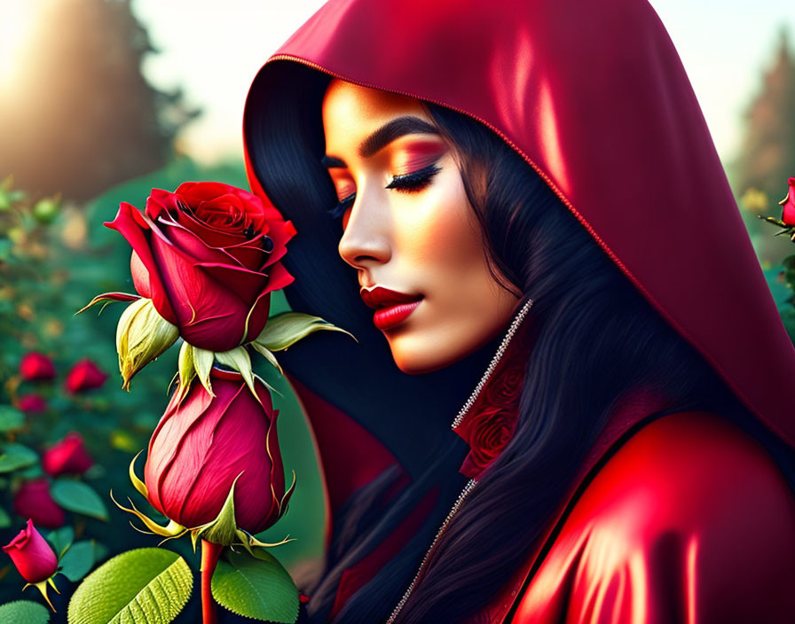 Woman in Red Hood Holding Red Rose with Green Foliage