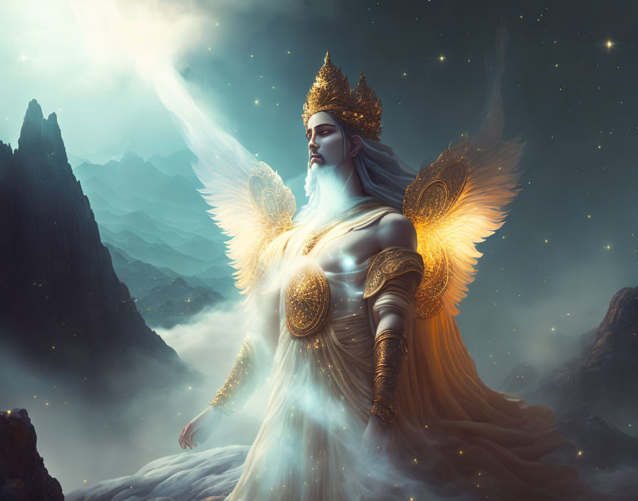 Golden-winged ethereal being in regal attire on misty mountain landscape