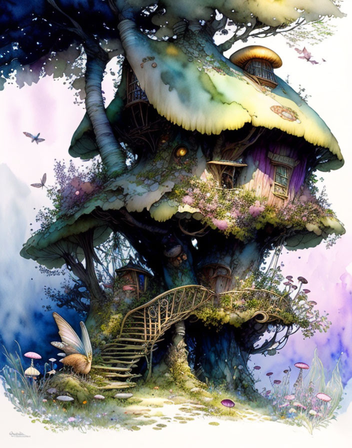 Whimsical treehouse illustration with mushrooms and fantasy ambiance