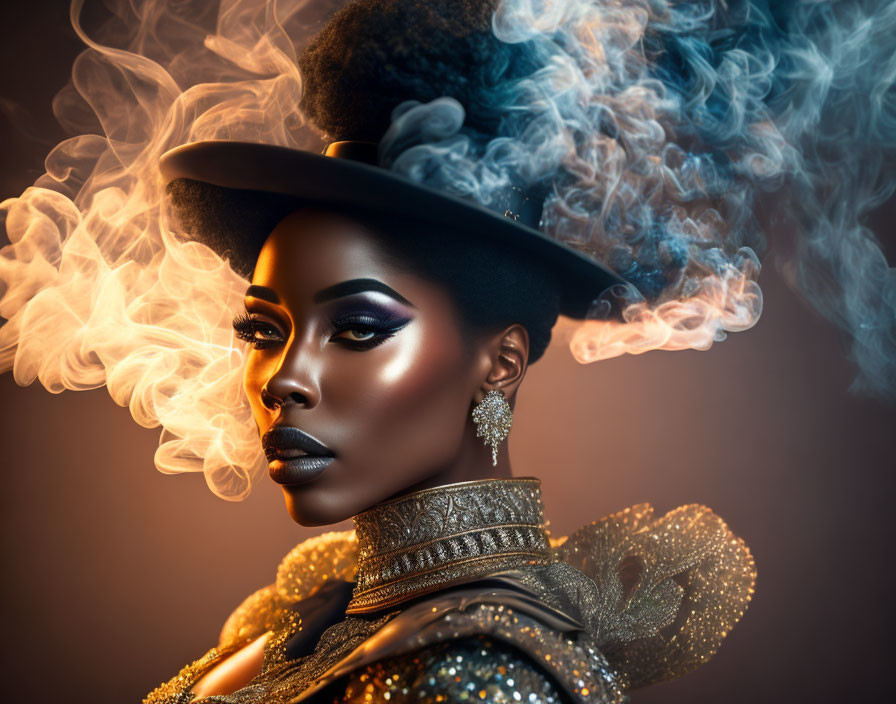 Woman with dramatic makeup and elegant hat in ethereal smoke on warm backdrop