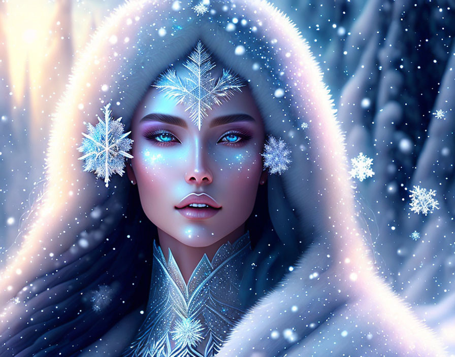 Fantasy illustration: Woman with blue eyes in snowy, sparkly setting