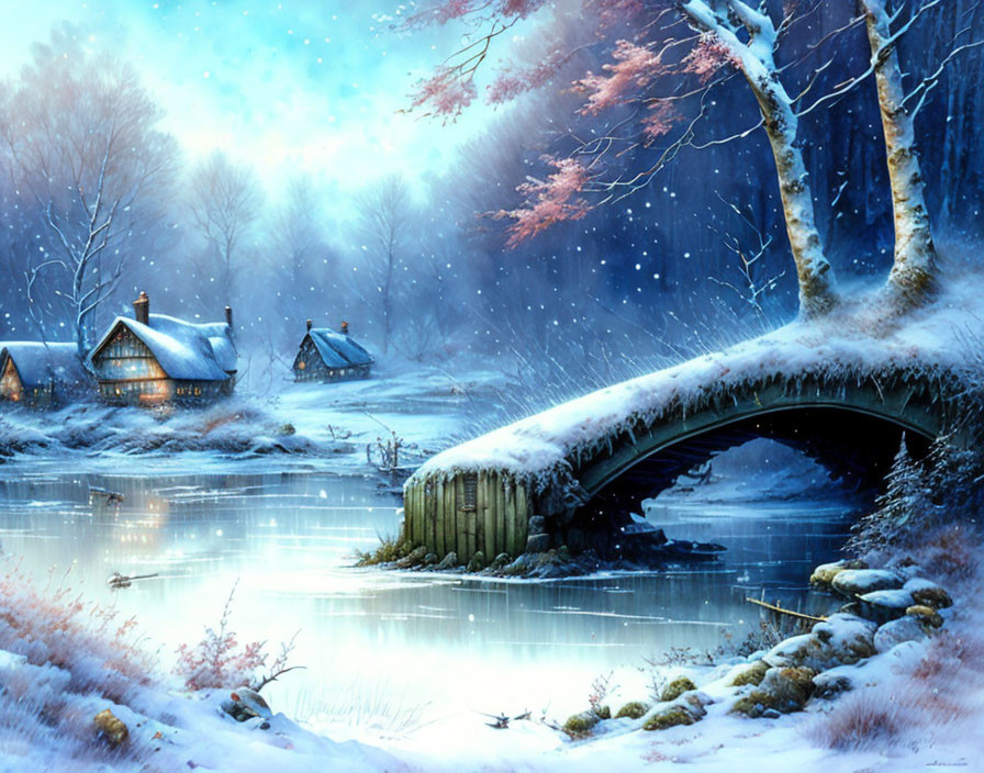 Snow-covered trees, frozen river, stone bridge, cottages under twilight sky