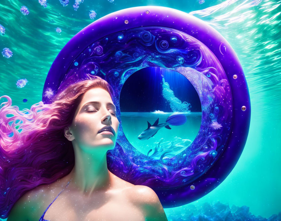 Surreal underwater scene with woman, pink hair, cosmic portal, and fish