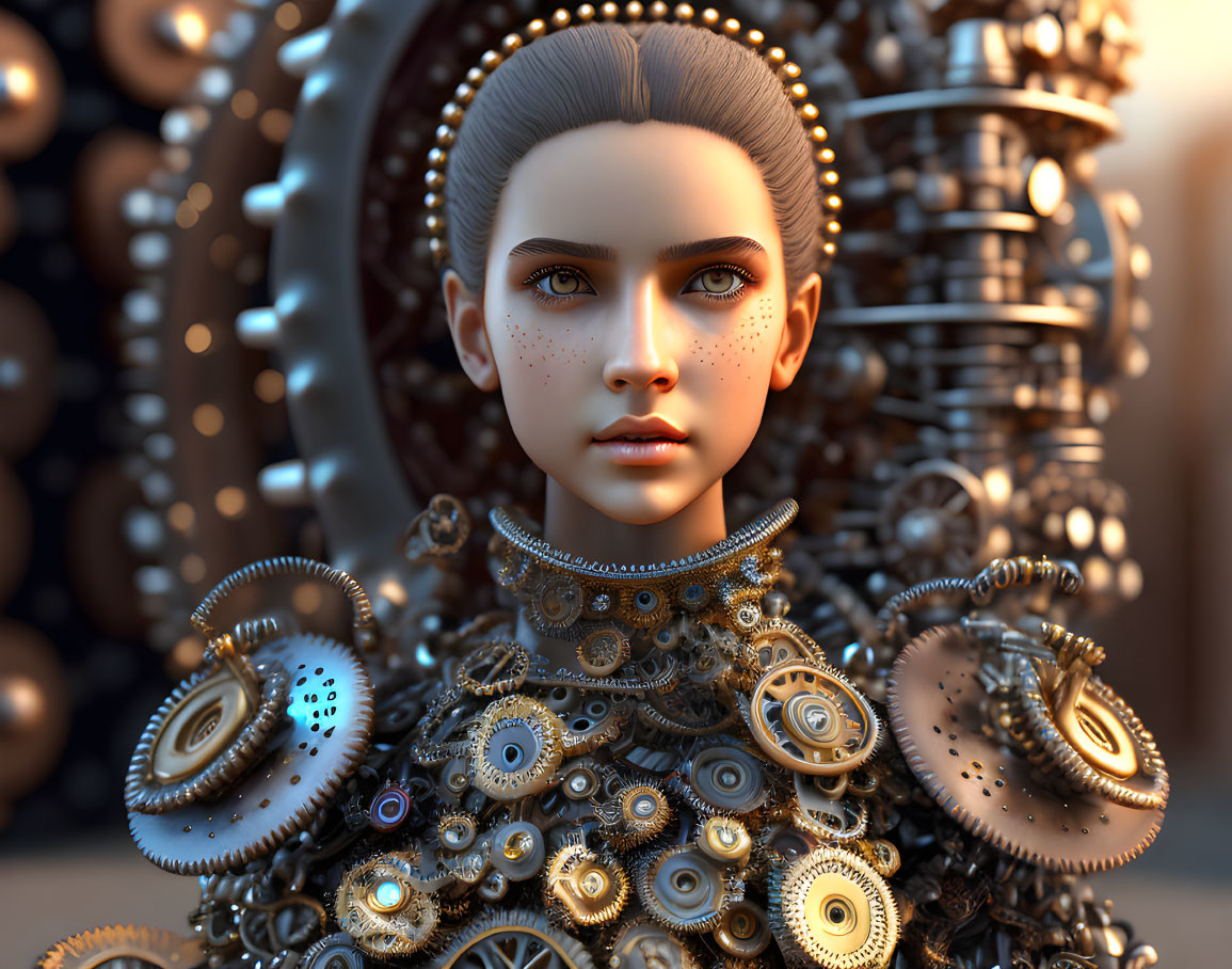 Detailed digital portrait of female figure in gear attire against mechanical backdrop