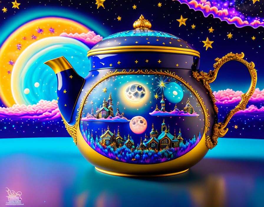 Celestial-themed teapot with fantasy village and moons on vibrant scene