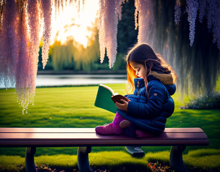 Young girl reading book on park bench at dusk with wisteria and tranquil pond.