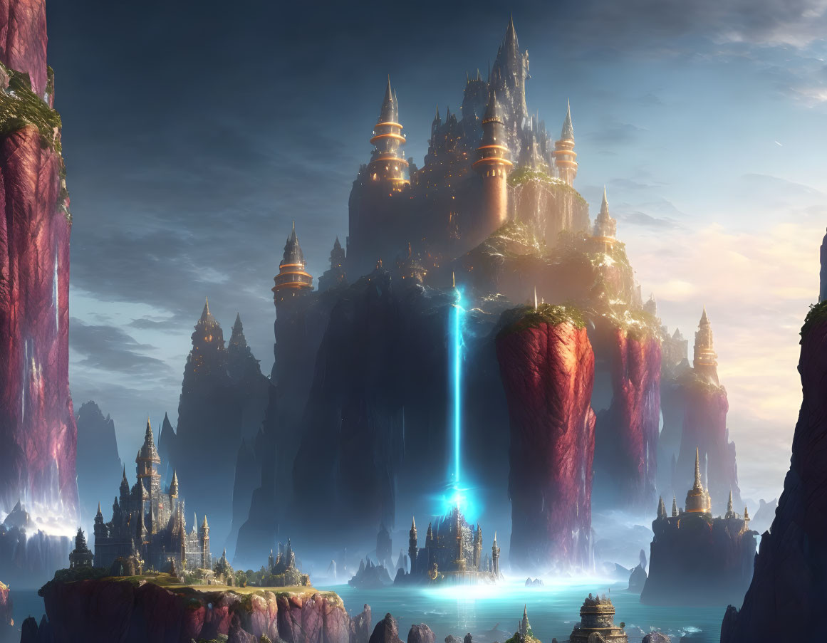 Fantastical castle on cliffs with waterfalls in serene ocean at twilight