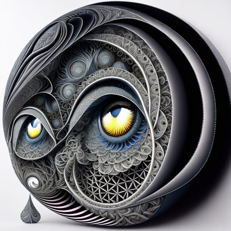 Detailed Monochromatic Owl Face with Yellow and Blue Eyes in Paper-cut Design