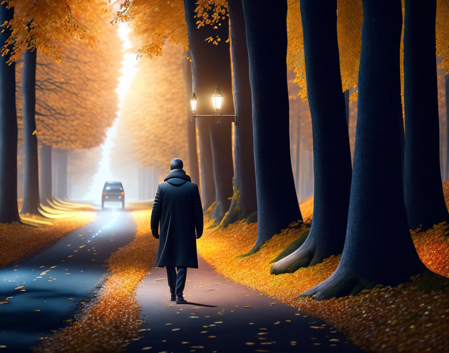 Person walking on tree-lined path in autumn with golden leaves, street lamps, and approaching car