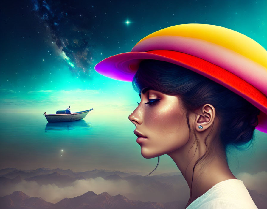 Colorful Hat Woman Portrait Against Starry Sky with Boat on Clouds