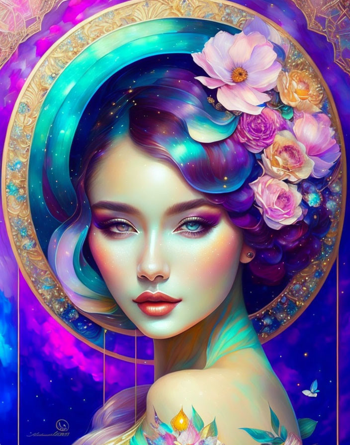 Vibrant digital artwork: Woman with luminescent skin and galaxy-themed hair against cosmic background