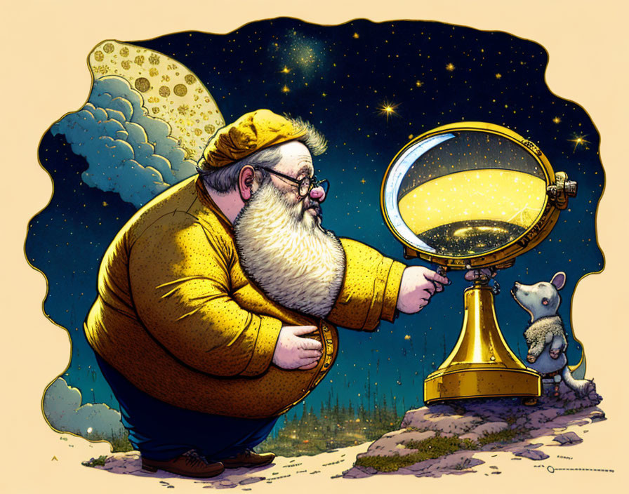 Bearded man in golden jacket gazes at night sky with mouse