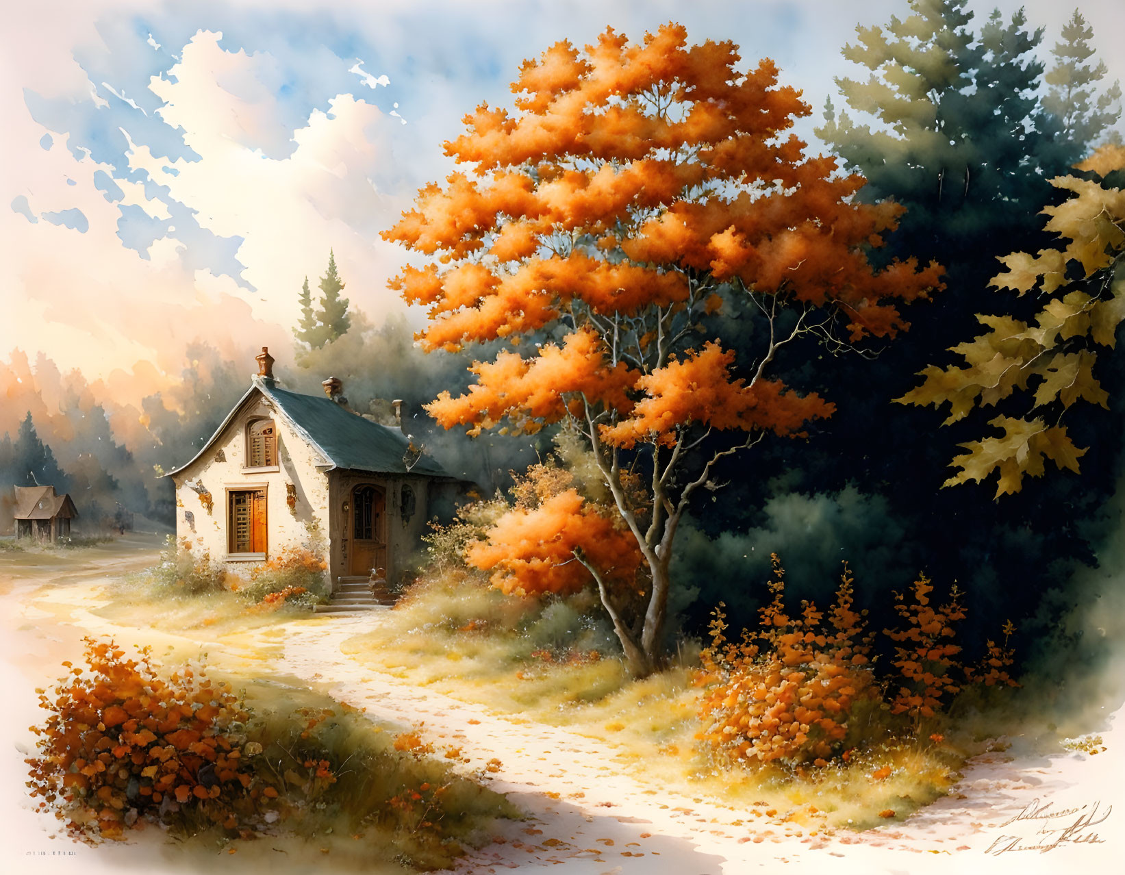 Tranquil autumn landscape with small cottage and golden trees