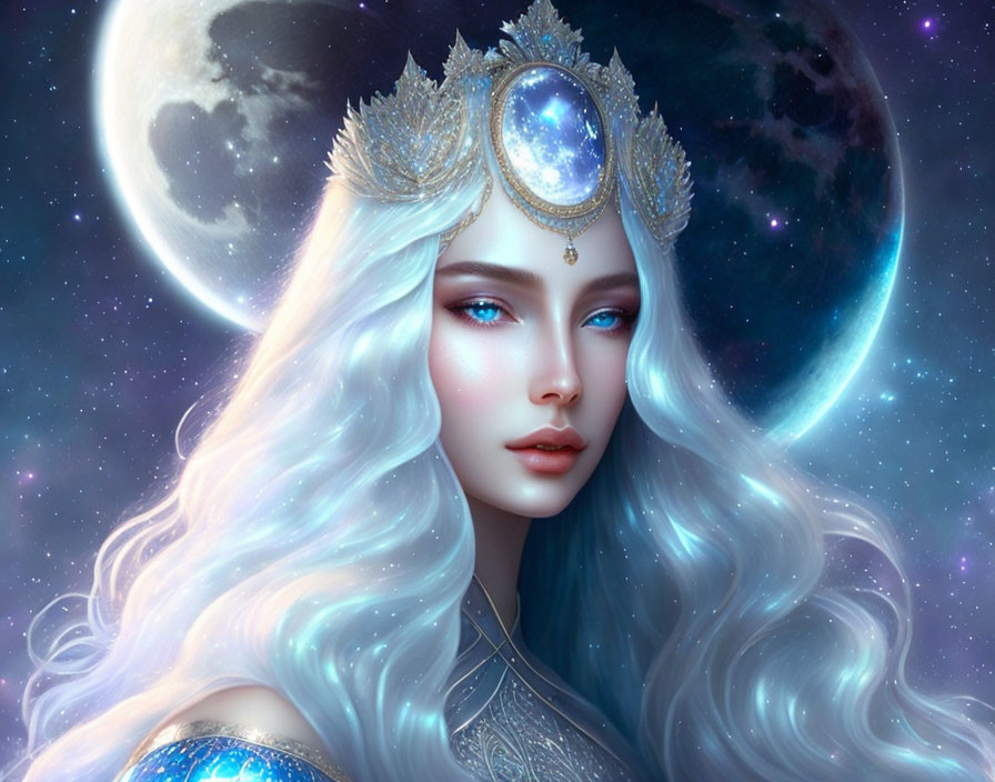 Fantastical woman with white hair and celestial crown in moonlit night.