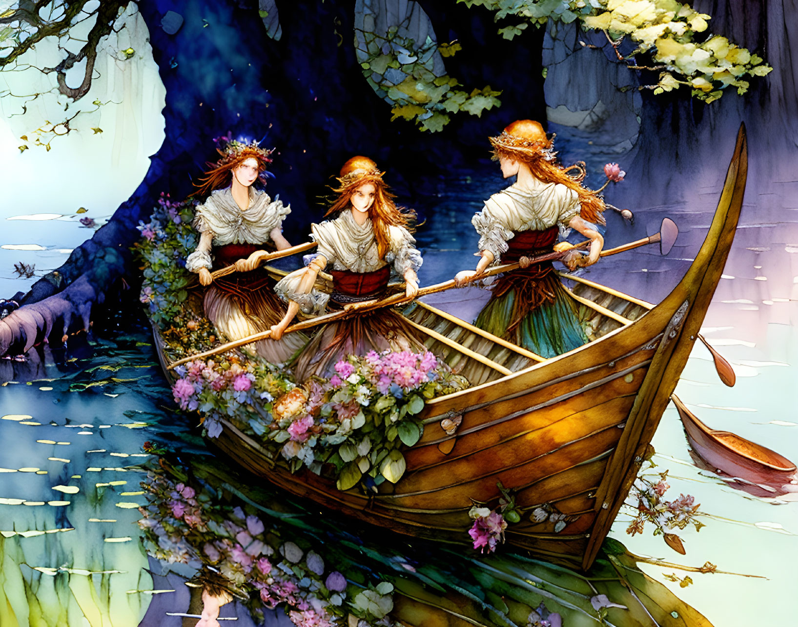 Vintage dresses rowing wooden boat under blossomed tree