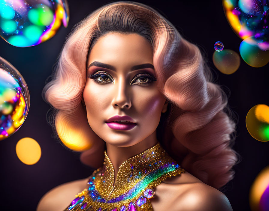 Stylized portrait of woman with vintage hairstyle and glamorous makeup surrounded by colorful bubbles on dark background