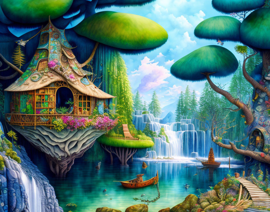 Whimsical house on cliff with giant mushroom trees & serene lake