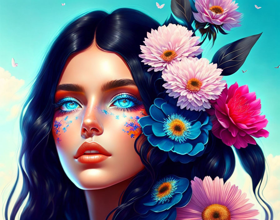 Vibrant Blue-Eyed Woman with Flower Crown and Petal Makeup